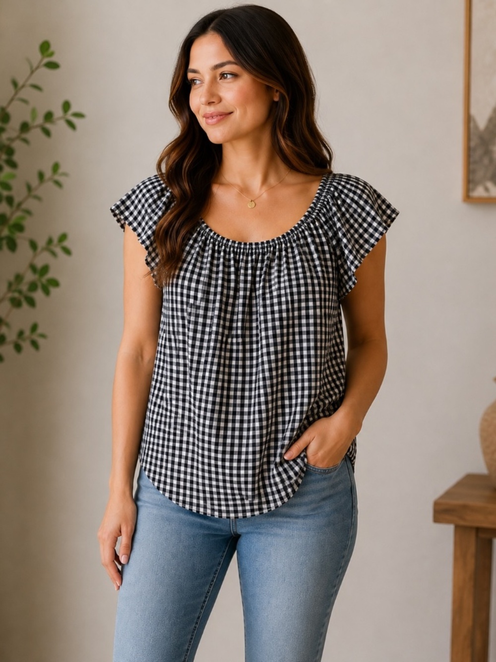 Size M LC Lauren Conrad Gingham Flutter Sleeve Blouse Black White